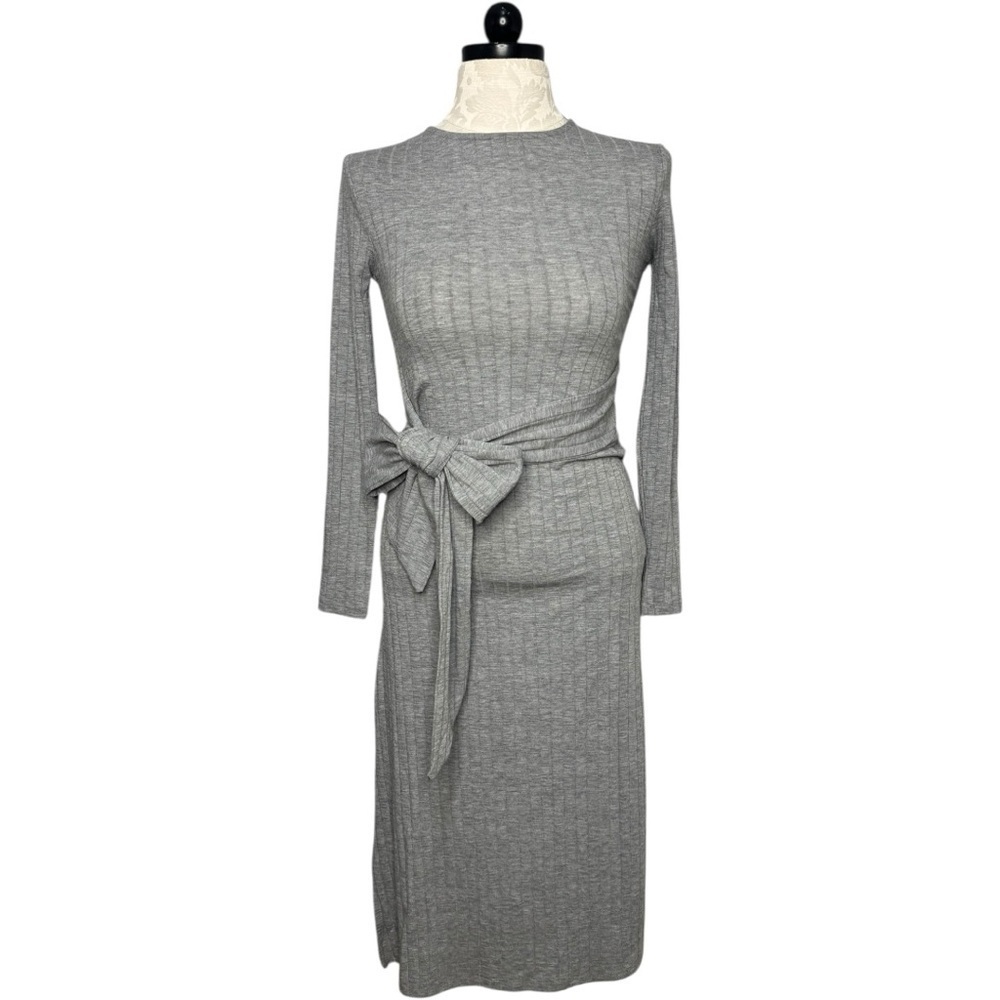 NWT Topshop Classic Rib Knit Wrap Midi Dress Tie waist Grey Size 6 - Picture 10 of 12